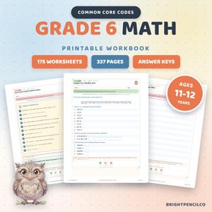 6th Grade Math Worksheets Printable, 175 Worksheets, Algebra, Integers and Probability, Homeschool Pack with Common Core Codes