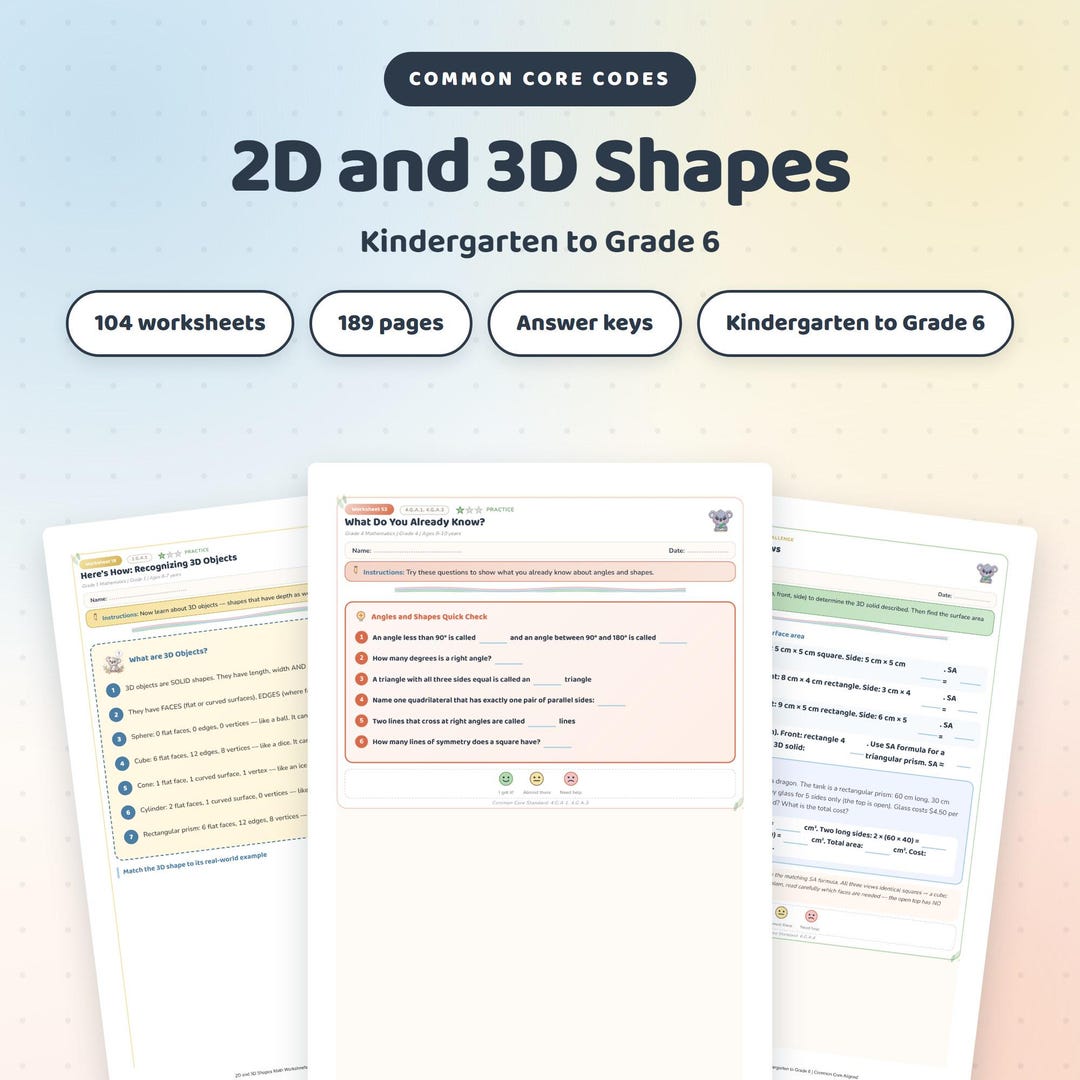 2D and 3D Shapes Worksheets, Kindergarten to Grade 6 Math Practice, 104 ...