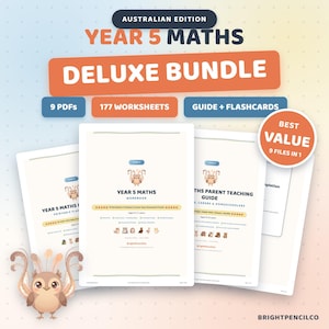 Year 5 Maths BUNDLE Australian Edition | 177 Worksheets, Teaching Guide, Flashcards & Certificates | 9 PDF Bundle
