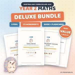 Pode incluir: Um conjunto de recursos educativos Year 2 Maths Deluxe Bundle com 9 PDFs, 173 fichas de trabalho, um guia e cartões didáticos. Os documentos exibem o texto Australian Curriculum v9.0, Year 2 Maths e Best Value 9 Files in 1, com um ouriço.