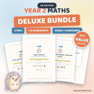 Årskurs 2 matematik KS1 hemundervisningspaket, åldrarna 6 till 7, brittisk arbetsbok för grundskolans matematik, undervisningsguide, bildkort och certifikat, 9 PDF-filer