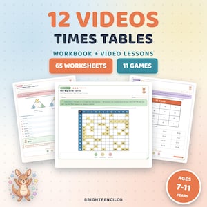 Könnte beinhalten: Lernheft für das Einmaleins mit 12 Videolektionen, 65 Arbeitsblättern und 11 Spielen für 7- bis 11-Jährige. Das Cover zeigt den Text 12 VIDEOS TIMES TABLES WORKBOOK + VIDEO LESSONS, 65 WORKSHEETS, 11 GAMES und BRIGHTPENCILCO mit einem Känguru.