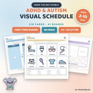 Puede incluir: Un conjunto de horario visual imprimible para TDAH y autismo con 218 tarjetas y 41 tableros. Las páginas incluyen iconos de rutinas matutinas como despertar, ir al baño y cepillarse los dientes con etiquetas. Formatos A4 y US letter.