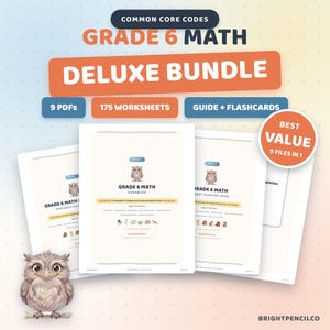 6th Grade Math Bundle, 175 Worksheets, Teaching Guide, Flashcards and Certificates, Common Core Codes, 9 PDFs