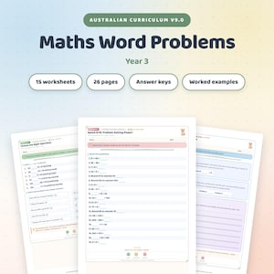 Hojas de ejercicios de problemas matemáticos para tercer grado, 15 hojas de ejercicios + claves de respuestas, matemáticas para educación en casa, currículo australiano.