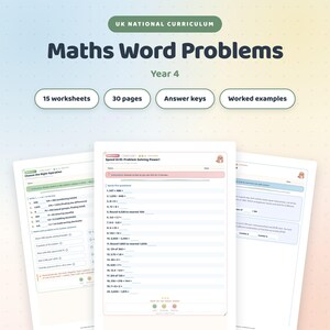 Könnte beinhalten: Ein Set mit Mathe-Textaufgaben für das vierte Schuljahr nach dem britischen Lehrplan, bestehend aus 15 Arbeitsblättern, 30 Seiten, Lösungsschlüsseln und Lösungsbeispielen. Die Dokumente enthalten Rechenübungen und Textaufgaben.