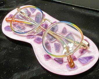 Handmade Fused Glass Eyeglasses Holder – Pink & Purple Bedside Rest (6.5" x 3.5")