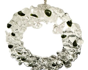 Handcrafted Fused Glass Wreath Ornament, Clear Textured Glass with Green Accents, Christmas Tree Decor