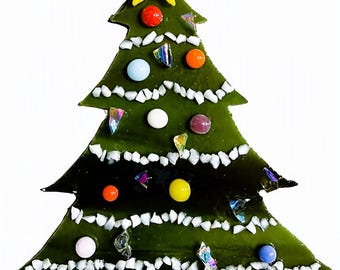 Handmade Fused Glass Christmas Tree Ornament, Colorful Holiday Keepsake (5" H)
