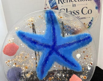 Blue Starfish Fused Glass Plate – Coastal Beach Glass Serving Dish – Handmade Ocean Decor