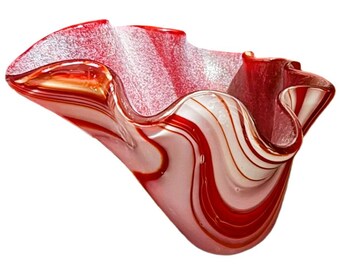 Handcrafted Fused Glass Vase – Crimson Ribbons, Red & White Sculptural Art Glass