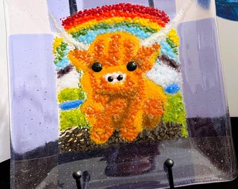 Handmade Fused Glass Highland Cow Plate, Rainbow Art Decor (8" x 8")