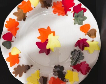 Handmade Fused Glass Serving Platter, Autumn Leaves, Acorns, Thanksgiving Decor (15 Inch)