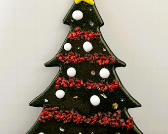 Handmade Fused Glass Christmas Tree Ornament, Red Garland, White Ornaments, Yellow Star