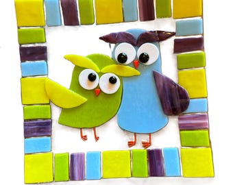 Handmade Fused Glass Owl Wall Art – Colorful Two Owls Mosaic Decoration