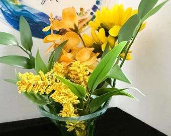 Handmade Fused Glass Vase with Yellow Flowers – Emerald Green Floral Arrangement