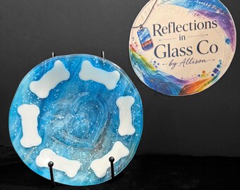 Fused Glass Dog Bowl, Blue Pet Bowl with Bones, Handmade Dog Dish, Dog Lover Gift