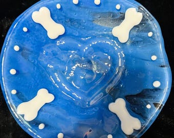 Handmade Fused Glass Dog Bowl – Blue Bone & Heart Design (Food Safe)