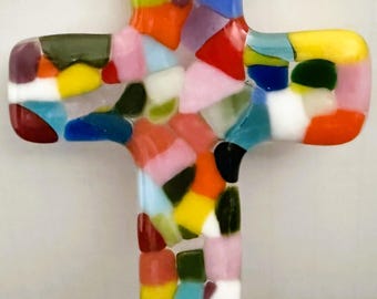 Handmade Fused Glass Cross Ornament, Colorful Mosaic Suncatcher, Faith Gift