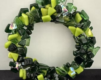 Handmade Fused Glass Wreath Ornament, Green Mosaic Christmas Decoration