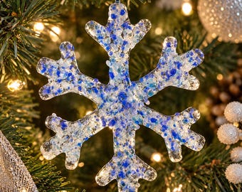 Handmade Fused Glass Snowflake Ornament, Winter Frost Christmas Decor