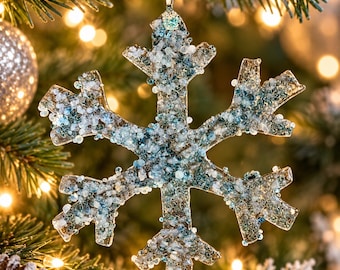 Handmade Fused Glass Snowflake Ornament | Aqua Blue Winter Suncatcher (4"x4")