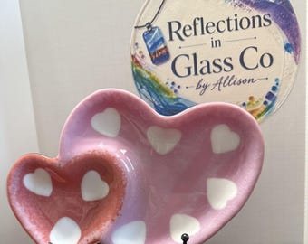 Handmade Fused Glass Double Heart Dish – Pink Valentine's Day Serving Bowl (9" x 7")