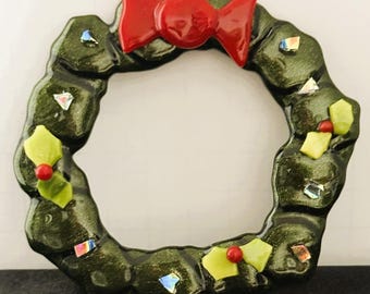 Handmade Fused Glass Wreath Ornament – Green Holly, Red Bow, Iridescent Accents (3.5 Inch)