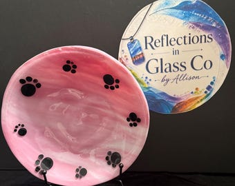 Pink Paw Print Fused Glass Bowl – Handmade Pet Lover Gift (7.5 Inch)
