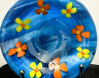 Handmade Fused Glass Bowl, Blue Floral Art, Orange Yellow Flowers, Food Safe Gift