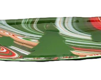 Christmas Fused Glass Serving Tray, Red Green Holiday Platter, Handmade Christmas Serving Dish, Food Safe Glass Tray