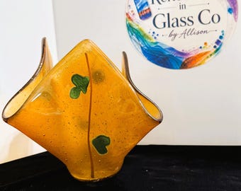 Amber Garden Fused Glass Handkerchief Vase – Handmade Amber Art Glass Centerpiece