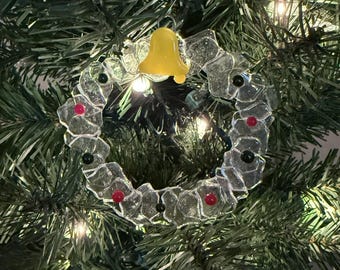 Handmade Fused Glass Wreath Ornament, Clear Layered Glass with Bell, Christmas Tree Decoration
