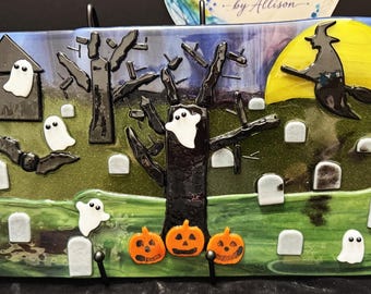 Handmade Fused Glass Haunted Graveyard Art – Halloween Cemetery Scene (13" x 7.5")