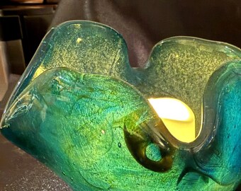 Handmade Fused Glass Votive – Teal Green Gold Pot Melt Candle Holder (One of a Kind)
