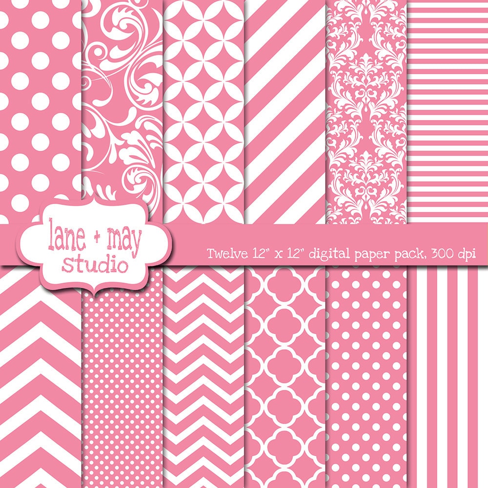 Digital Scrapbook Papers Medium Pink and White Patterns Variety Pack
