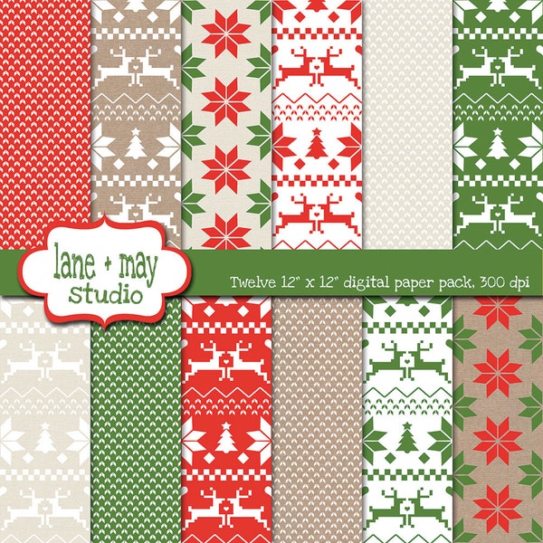 digital scrapbook papers - red, green and khaki fair isle christmas theme patterns - INSTANT DOWNLOAD