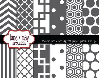 digital scrapbook papers - gray and white geometric patterns - INSTANT DOWNLOAD