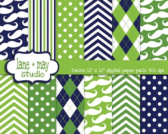 digital papers - little man / mustache theme patterns in navy blue and lime green - INSTANT DOWNLOAD