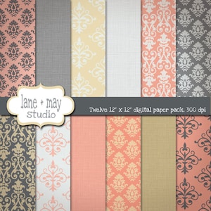 digital scrapbook papers - pink, coral, gray and khaki damask and linen patterns - INSTANT DOWNLOAD
