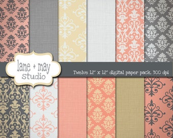 digital scrapbook papers - pink, coral, gray and khaki damask and linen patterns - INSTANT DOWNLOAD