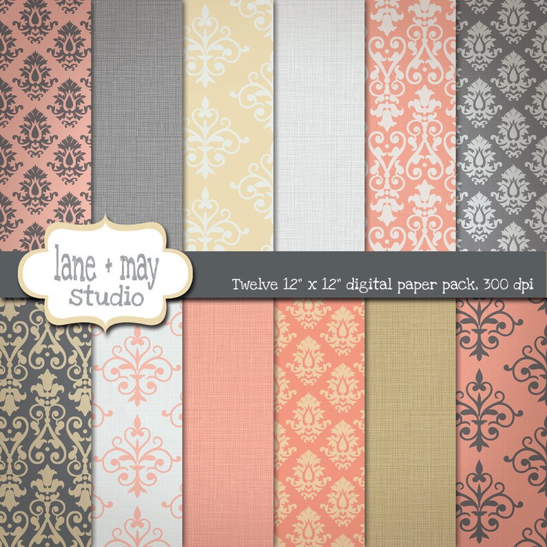 May include: Twelve 12-inch by 12-inch digital paper patterns featuring a damask design in various colors, including peach, gray, and cream. The text "lane + may Studio" and "Twelve 12" x 12" digital paper pack, 300 dpi" is included in the image.