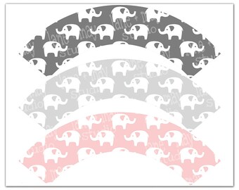 pink and gray elephant theme party cupcake wrappers you print at home - INSTANT DOWNLOAD