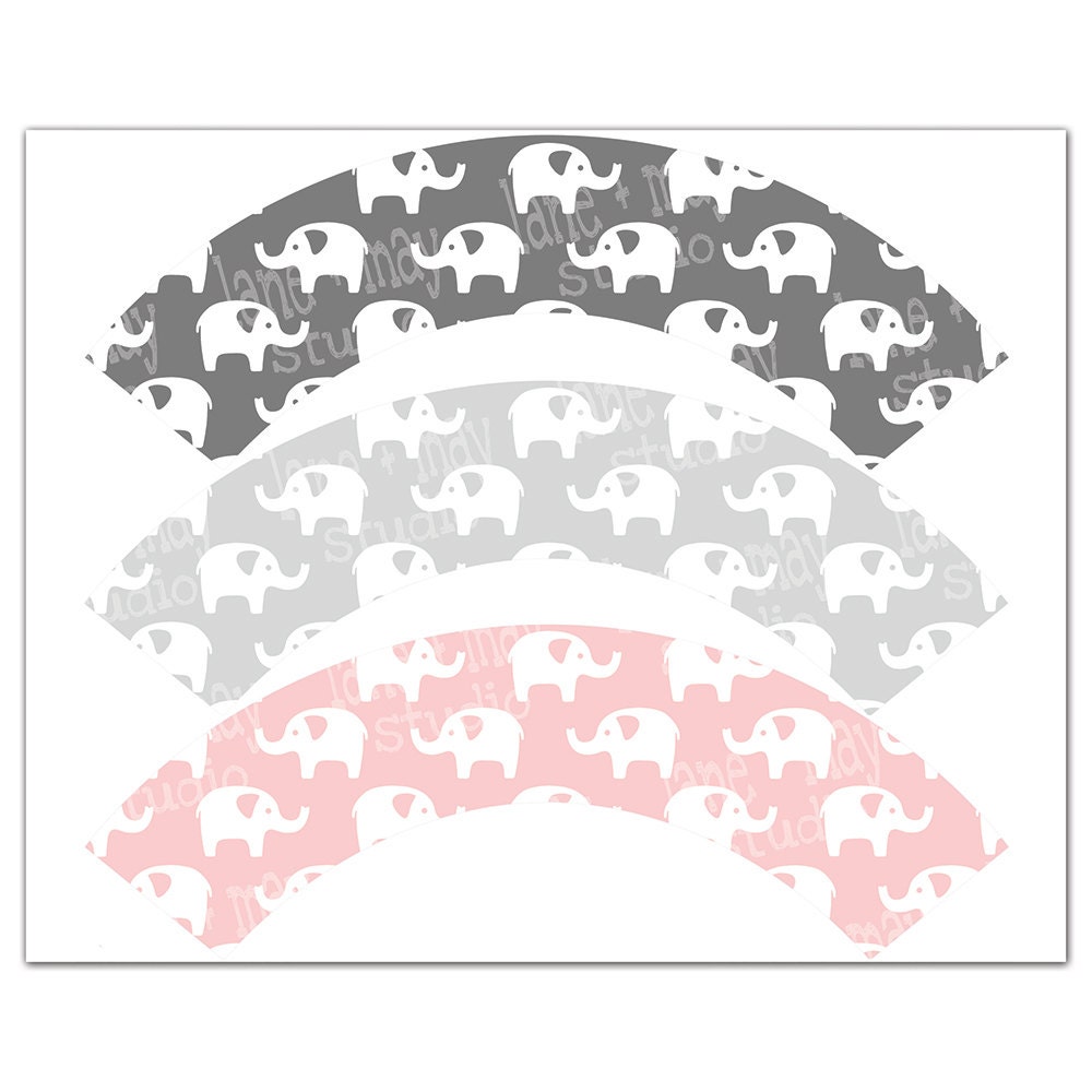 pink and gray elephant theme party cupcake wrappers you print at home INSTANT DOWNLOAD
