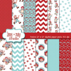 May include: Twelve 12-inch by 12-inch digital paper designs featuring a red-haired doll with a blue dress and various patterns including red and white polka dots, red and white chevron, red and white flowers, red hearts on a blue background, and a red-haired doll in a circle on a white background.