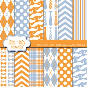 Digital Scrapbook-Papiere - blau grau und orange man wenig / Schnurrbart Thema Muster - INSTANT DOWNLOAD