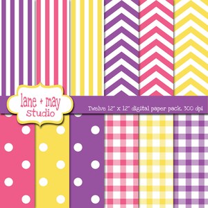 digitale papier - roze, paarse en gele polka dot, pastel, stripe en chevron patroon - INSTANT DOWNLOAD