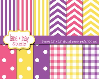 digital paper - pink, purple, and yellow polka dot, gingham, stripe and chevron pattern - INSTANT DOWNLOAD