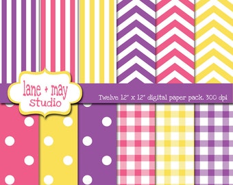 Digital papel - color de rosa, púrpura y amarillo polka dot, guinga, patrón de la raya y chevron - descarga instantánea