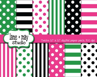scrapbook digital documentos - negro, blanco, caliente lunares rosa y verde kelly y patrones - descarga instantánea de la raya
